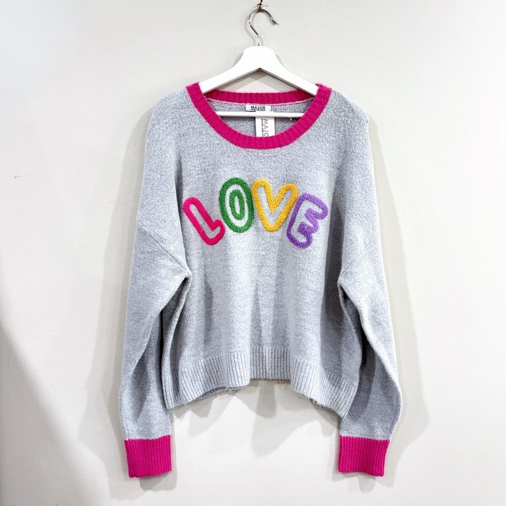 NWT Major Label Group LOVE Sweater Women’s XL Gray Pink Trim Pullover